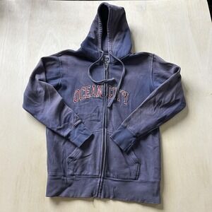 Y2K Too Cool Hoodie Mens Small Blue Fleece Full Zip Ocean City Beach Sweatshirt